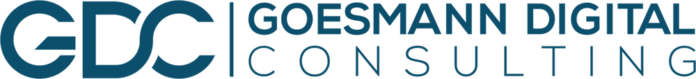Logo mit den Buchstaben "GDC" und dem Text "GOESMANN DIGITAL CONSULTING" in Blau auf grünem Hintergrund.