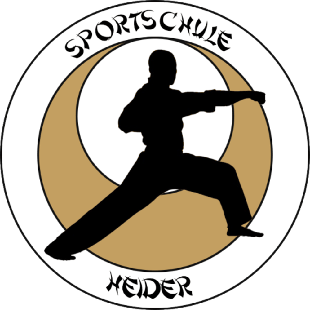 Logo der Sportschule Heider mit Silhouette eines Kampfsportlers in Schlagposition auf goldenem Halbmond.