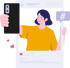 Eine Frau macht ein Selfie mit einem schwarzen Smartphone in einem Social-Media-Post-Rahmen, hält ein Hashtag-Schild.