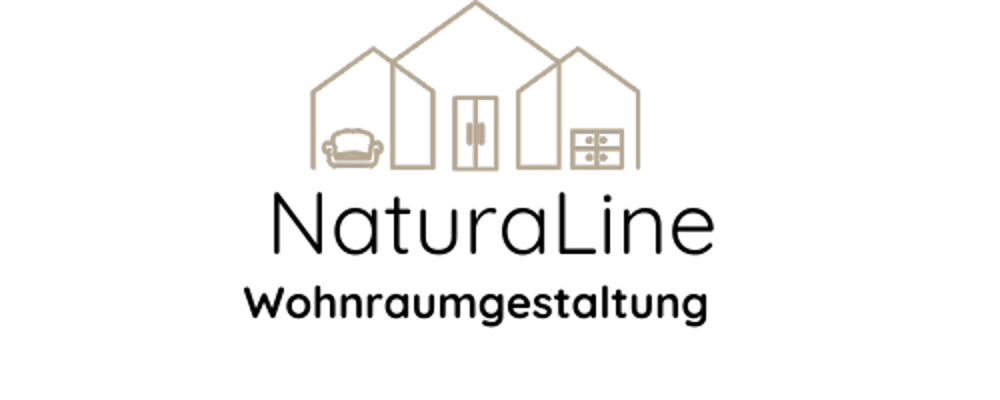NaturaLine Wohnraumgestaltung Logo: Drei Häuserumrisse mit Sofa, Tür und Fenster.