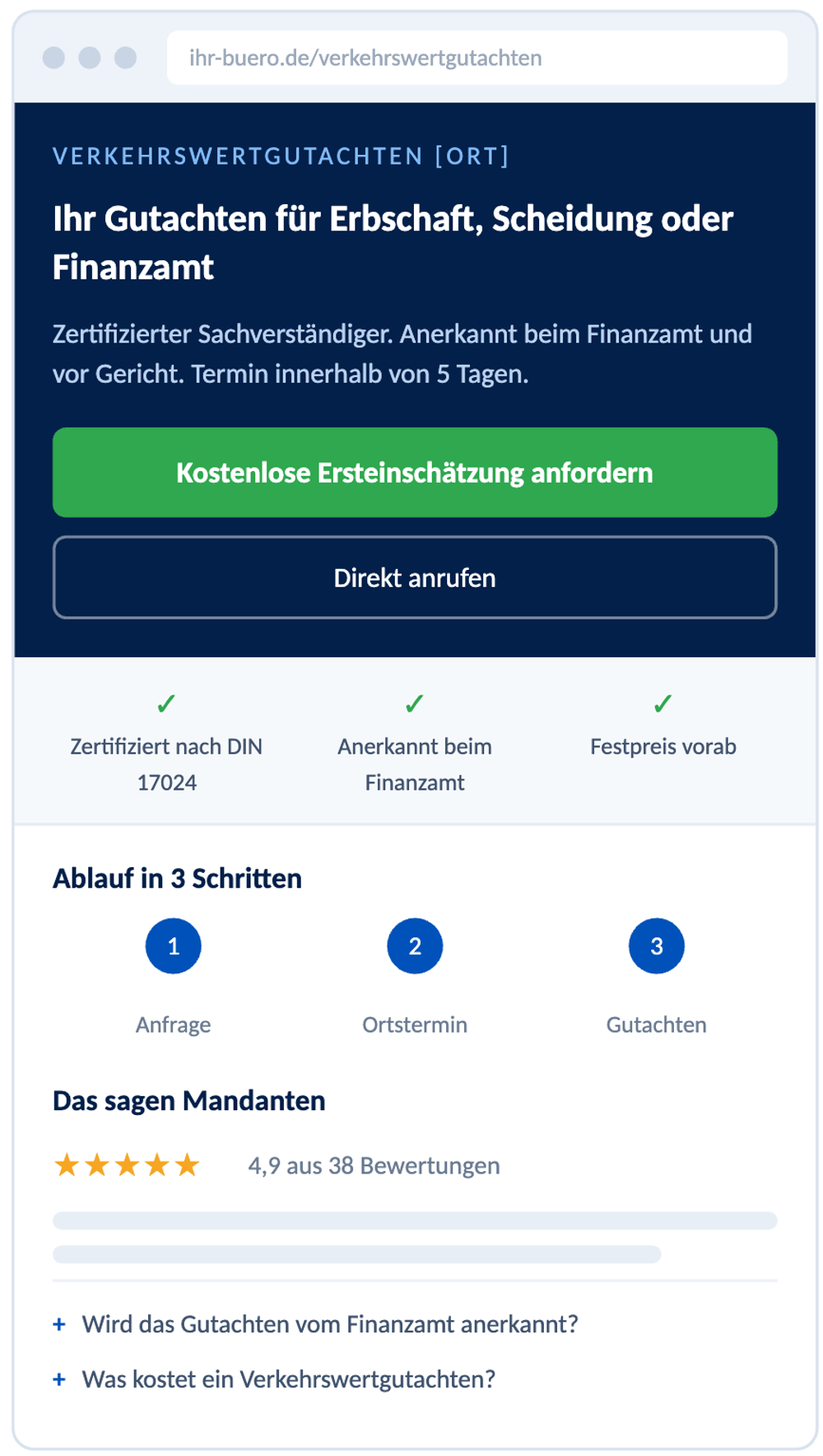 Aufbau der Landingpage für Verkehrswertgutachten