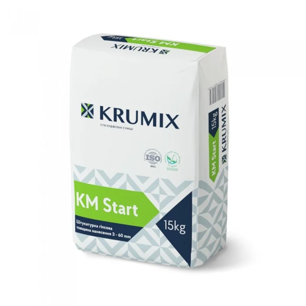 Мішок будівельної суміші KRUMIX KM Start 15 кг на білому фоні.