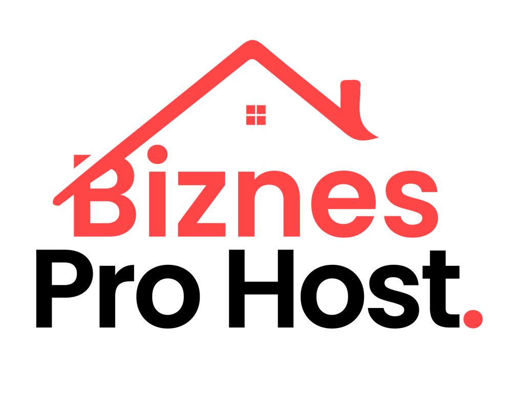 Czerwony dach z napisem "Biznes" i czarny napis "Pro Host" na zielonym tle.