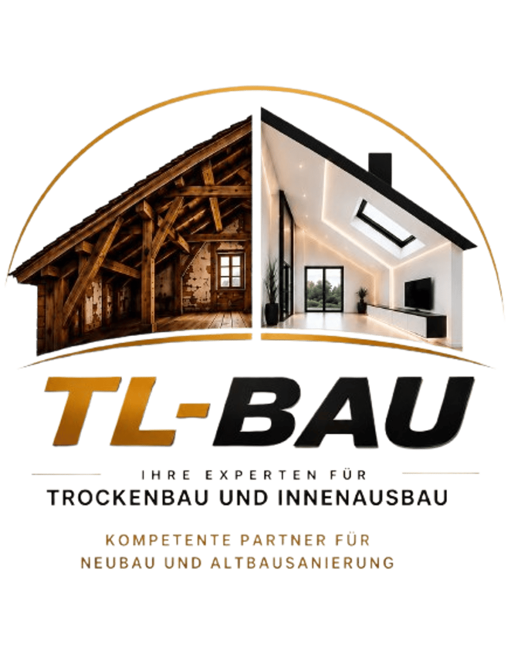 TL-Bau Logo mit Vorher-Nachher-Vergleich einer Dachsanierung sowie Text zu Trockenbau, Innenausbau und Altbausanierung.