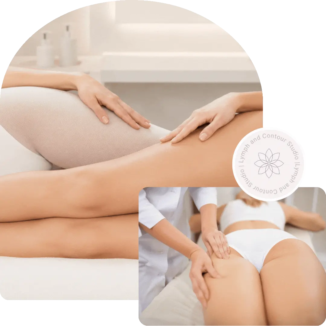 A therapist performs a lymphatic drainage massage on a client's legs and hips at Lymph and Contour Studio.