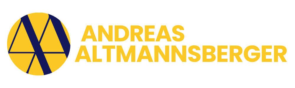 Logo mit gelbem Kreis und blauen "AA"-Initialen, daneben "ANDREAS ALTMANNSBERGER Emotionales Essen beruhigen".