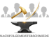 Goldener Hammer schlägt auf Amboss, Funken sprühen, umgeben von vier grauen Silhouetten von Personen. Text: NACHFOLGEMEISTERSCHMIEDE.