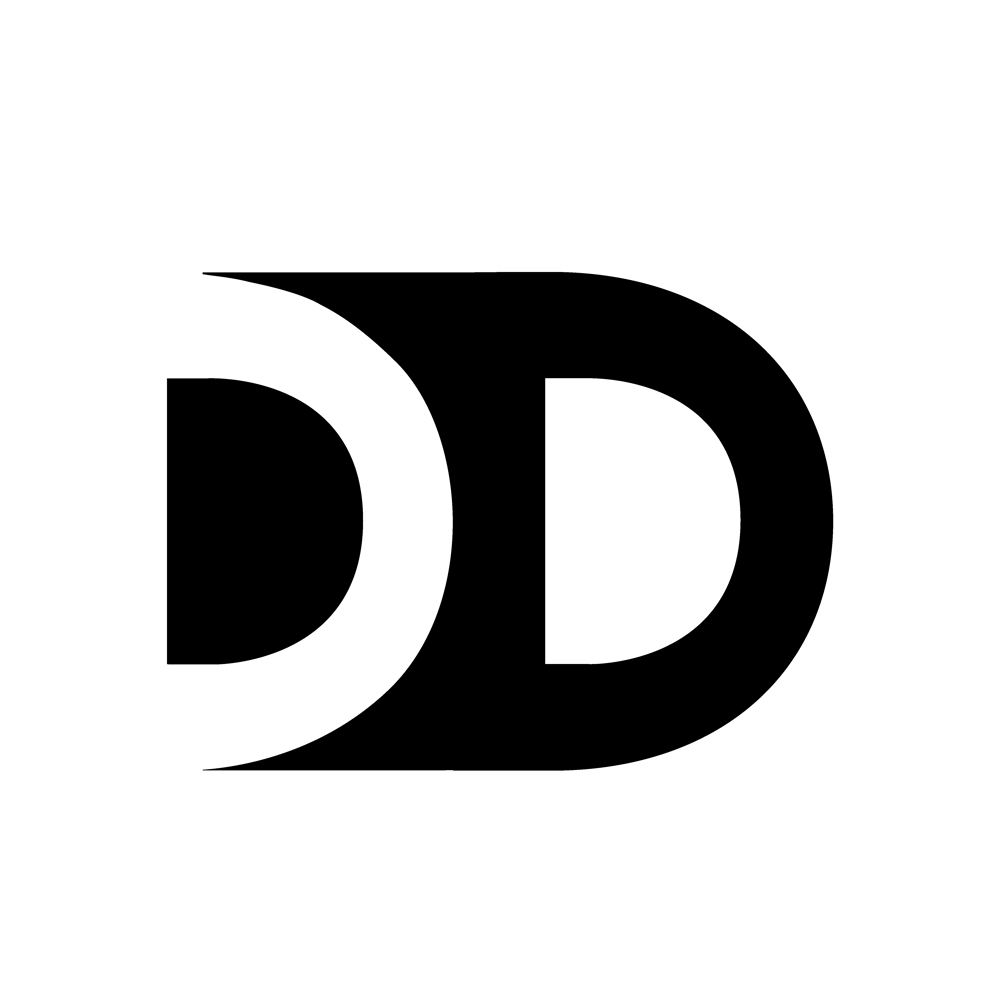 Schwarzes, stilisiertes "DD"-Logo auf dunkelgrünem Hintergrund.