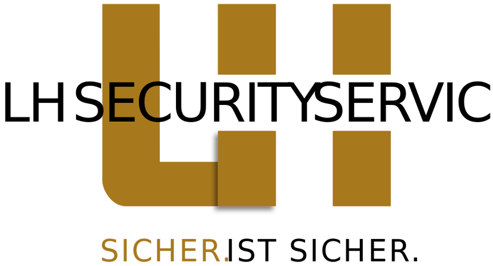 LH SECURITYSERVICE Logo: goldene, stilisierte "LH" auf dunkelgrünem Grund, darunter "SICHER IST SICHER".