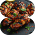 Grilled chicken wings with char marks and parsley garnish on a dark plate, with a lemon wedge visible.