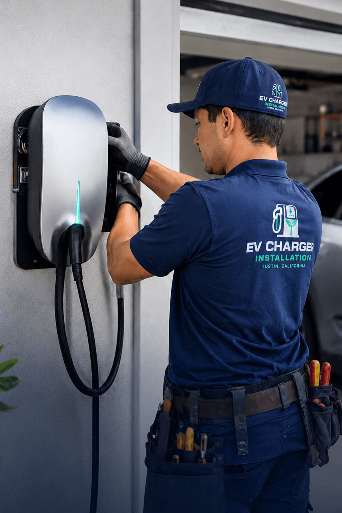 Level 2 EV charger mounted on a garage wall in Tustin, California