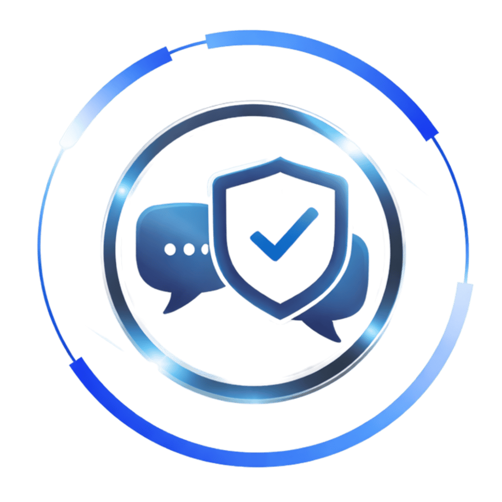 Zwei Sprechblasen mit einem blauen Schild und einem Häkchen in einem leuchtenden Kreis.