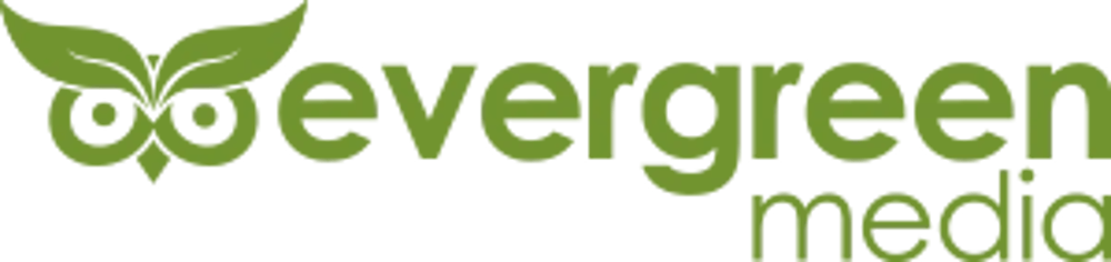 Grünes Logo von Evergreen Media mit einer Eule, deren Augen aus Blättern bestehen.