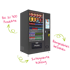 Grauer Verkaufsautomat mit Snacks und Getränken, Text "PUSH", umgeben von Pfeilen und handgeschriebenem Text.