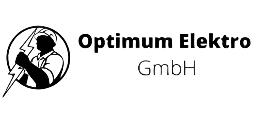 Firmenlogo der Optimum Elektro GmbH mit einem Elektriker-Symbol und Blitz auf schwarzem Hintergrund.