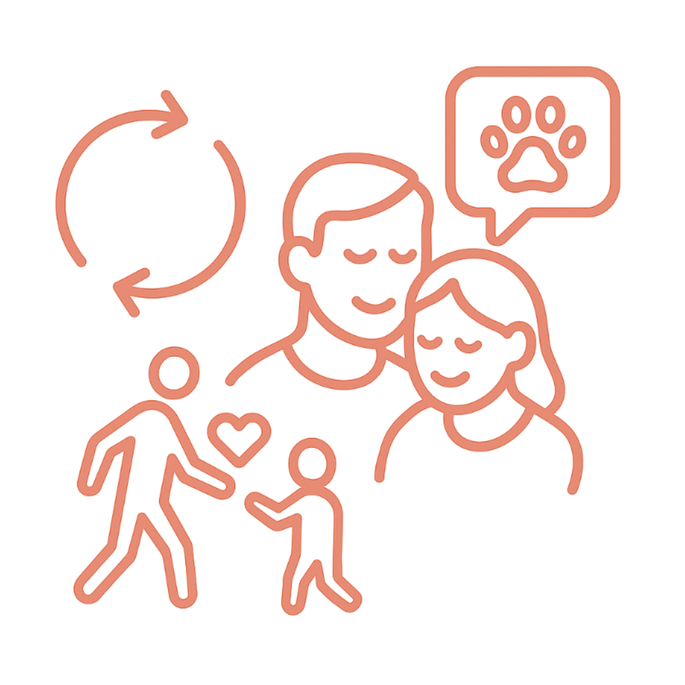 Eine orangefarbene Umrisszeichnung eines Baumes, einer Palette mit Pinsel und einer lächelnden Person, die eine Pflanze hält.