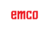 Roter emco Schriftzug in blockiger, kleingeschriebener Typografie auf schwarzem Hintergrund.