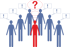 Rote Figur mit Fragezeichen-Sprechblase, umgeben von blauen Figuren mit Ausrufezeichen-Sprechblasen.