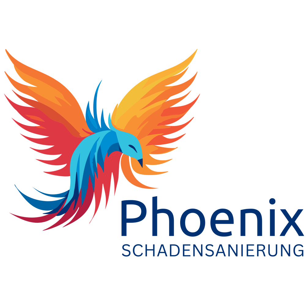 Bunter Phönix mit rotem, orangefarbenem und blauem Gefieder, daneben der Text "Phoenix SCHADENSANIERUNG".