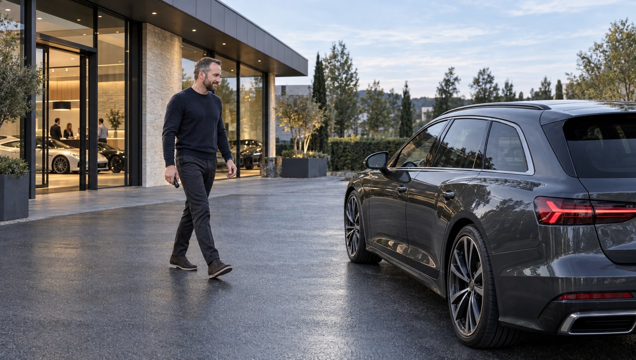 Inhaber verlässt am Abend sein Autohaus, im Showroom hinter ihm brennt noch Licht