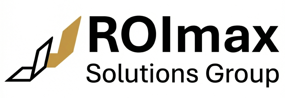 Logo mit schwarzem Text "ROImx Solutions Group" und einem roten, stilisierten Pfeil nach oben links.