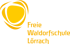 Logo der Freien Waldorfschule Lörrach: Gelbe, spiralförmige Formen links, Text "Freie Waldorfschule Lörrach" rechts.