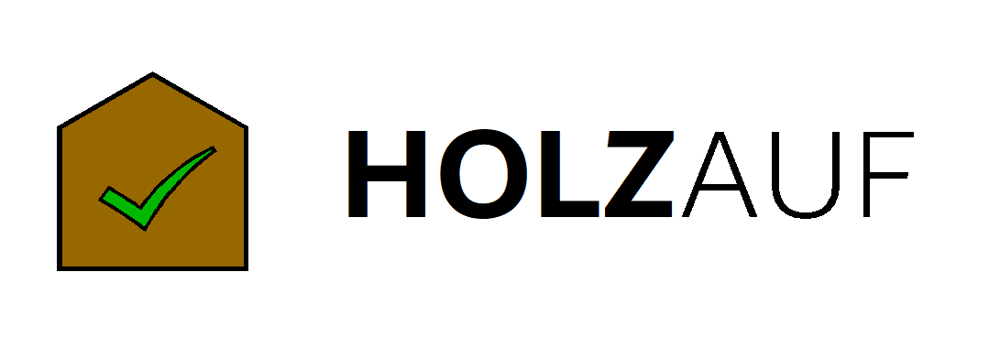 Logo mit braunem Haus-Icon, grünem Häkchen und dem schwarzen Schriftzug HOLZAUF auf weißem Hintergrund.