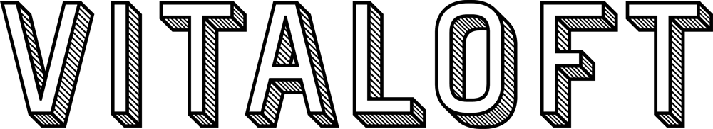 Das Wort „VITALOFT“ ist in grün auf schwarzem Hintergrund geschrieben, mit einem 3D-Schatteneffekt.