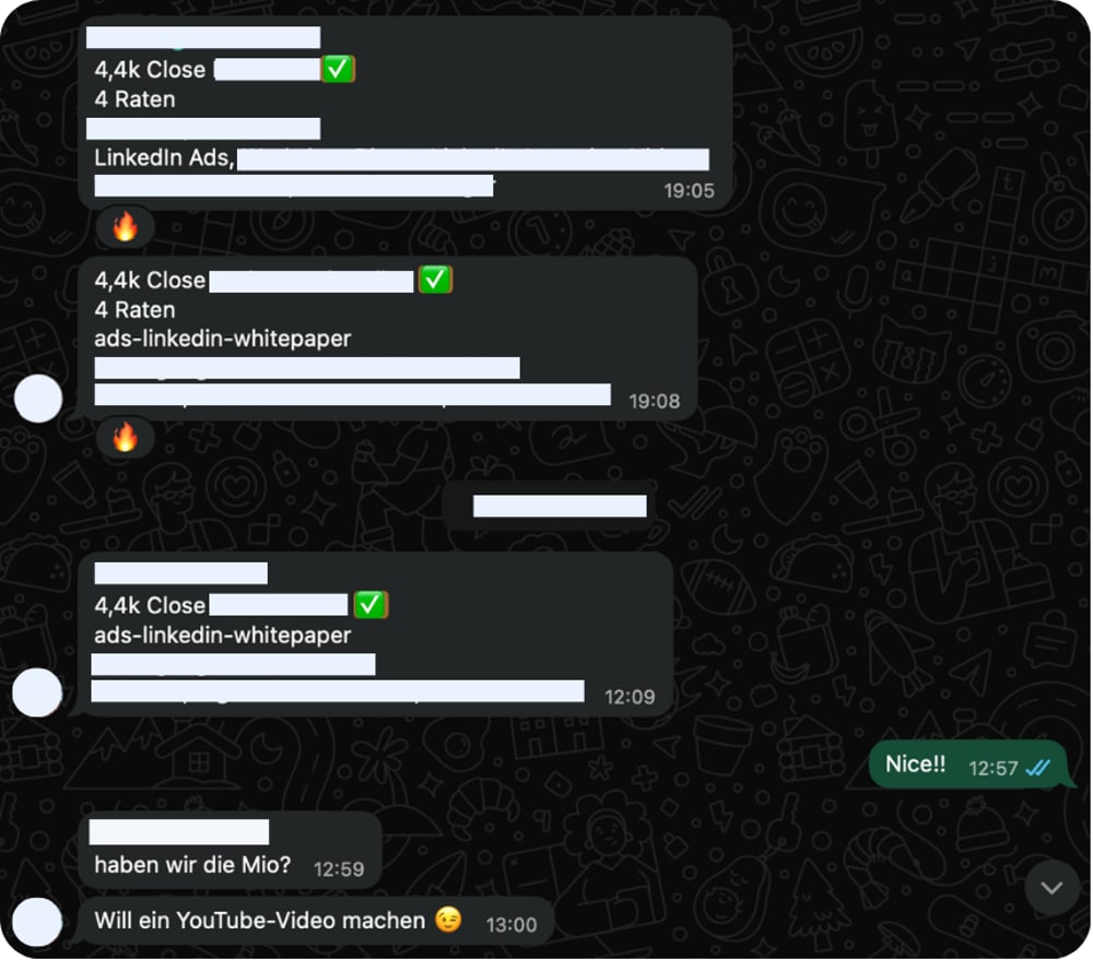 WhatsApp-Nachricht eines Kunden zur ersten Million Umsatz aus LinkedIn Ads