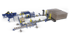 Automated warehouse system with blue conveyor belts, yellow sorting machinery, and high-density storage racks on a black background.