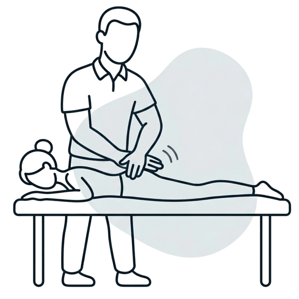 Zwei Hände massieren den oberen Rücken einer Person, mit gestrichelter Linie entlang der Wirbelsäule.