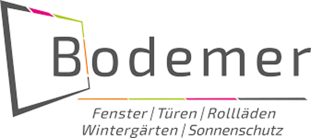 Bodemer Logo mit "Fenster | Türen | Rollläden Wintergärten | Sonnenschutz".