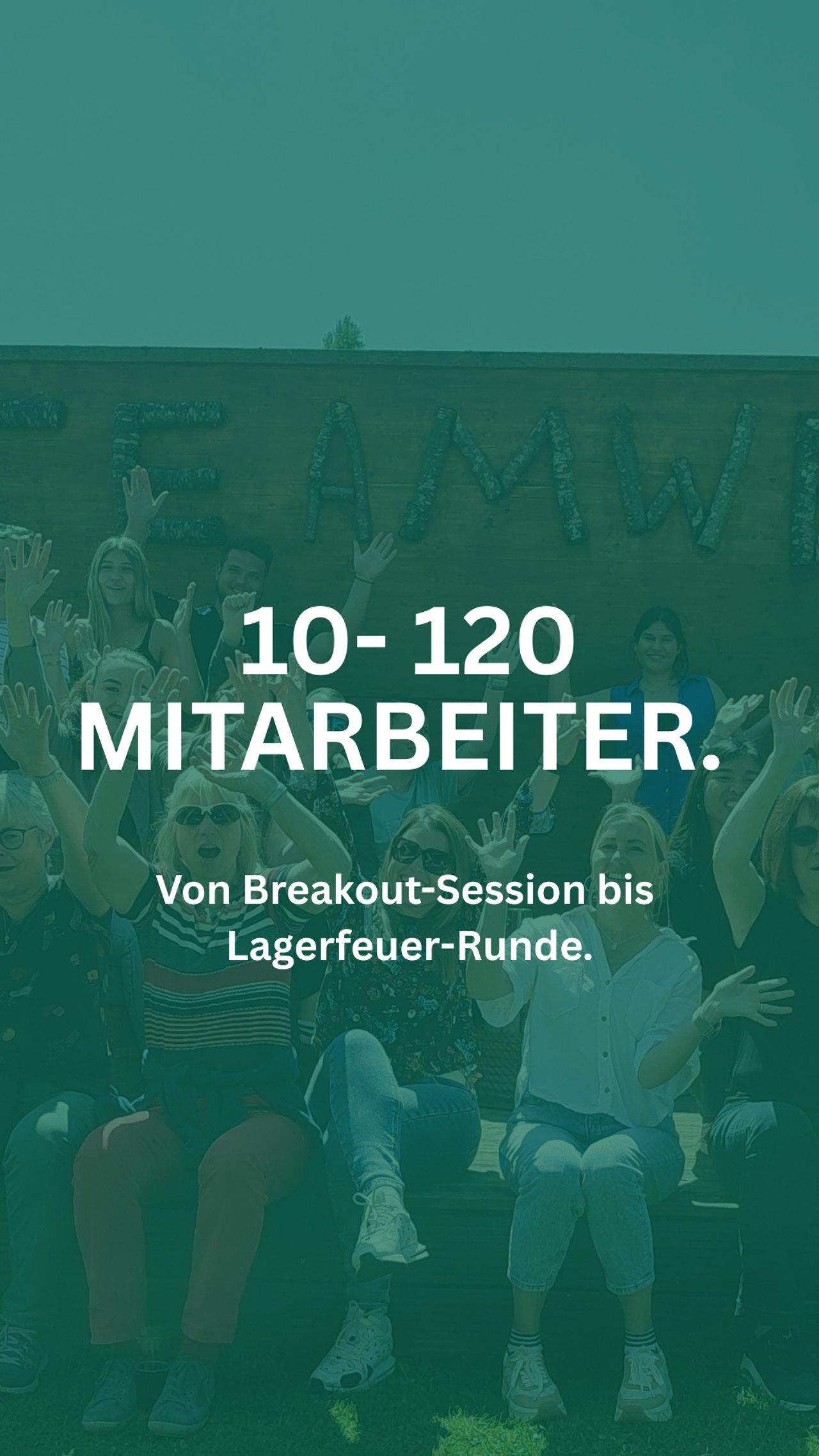 Anzeige Teamwelt: winkende Gruppe vor dem Teamwelt-Schriftzug, „10 bis 120 Mitarbeiter“