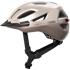 Beiger ABUS URBAN-I Fahrradhelm mit schwarzem Visier und rotem Rücklicht, Schriftzug "ABUS URBAN-I".