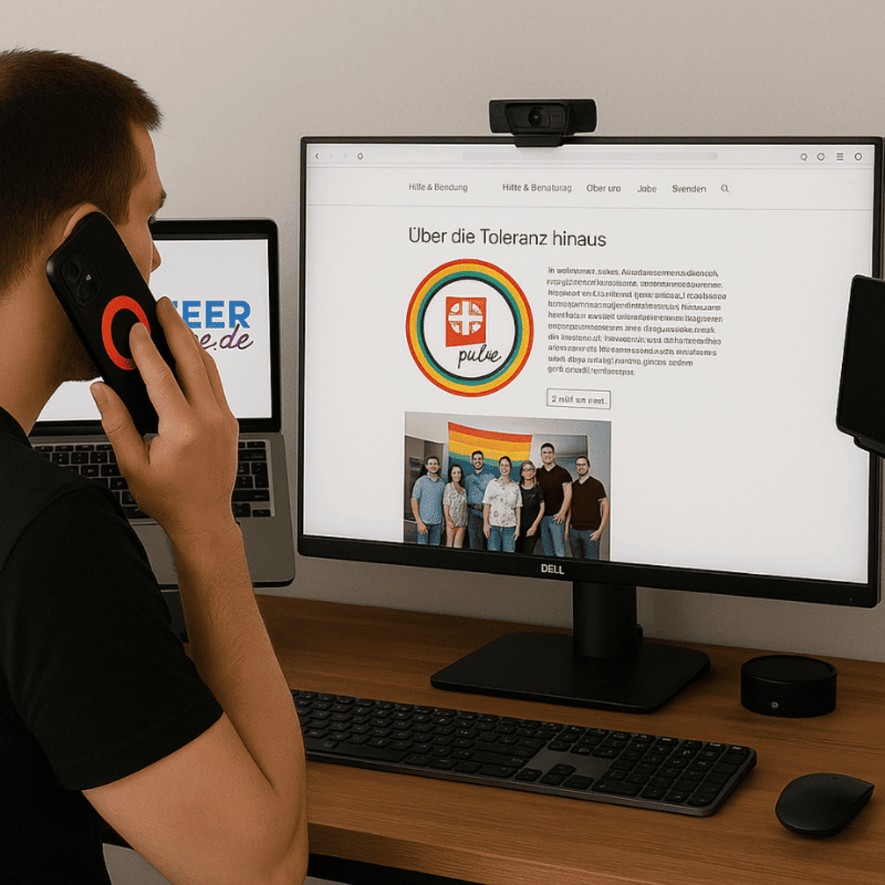 A man on the phone, in front of him a screen with an article “Über die Toleranz hinaus” and a rainbow logo.