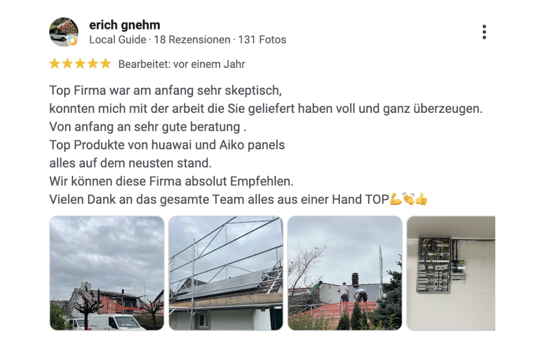 Positive Google-Rezension von Erich Gnehm über eine Photovoltaik-Installation.