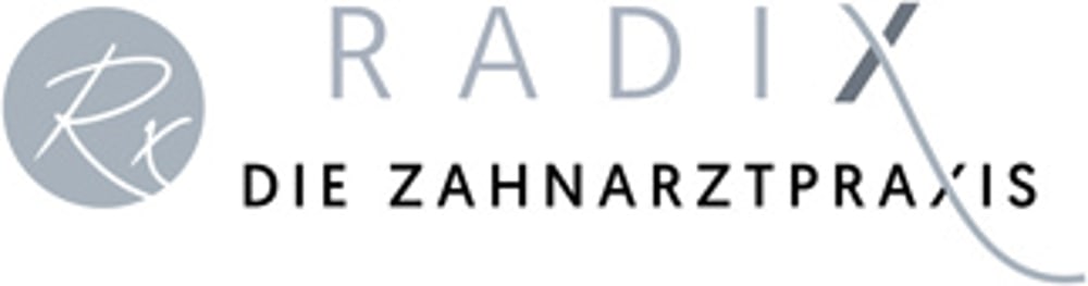 Logo mit "Rx" in einem Kreis, daneben "RADIX" in Grau und darunter "DIE ZAHNARZTPRAXIS" in Schwarz.