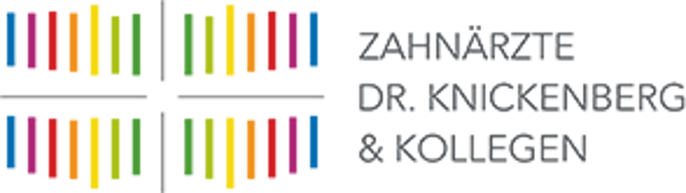 Logo mit bunten Balken und Text „Zahnärzte Dr. Knickenberg & Kollegen“ auf dunkelgrünem Hintergrund.