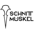 Schwarz-weißes Logo "SCHNITT MUSKEL" mit einem stilisierten Schädel- oder Vogelkopf.