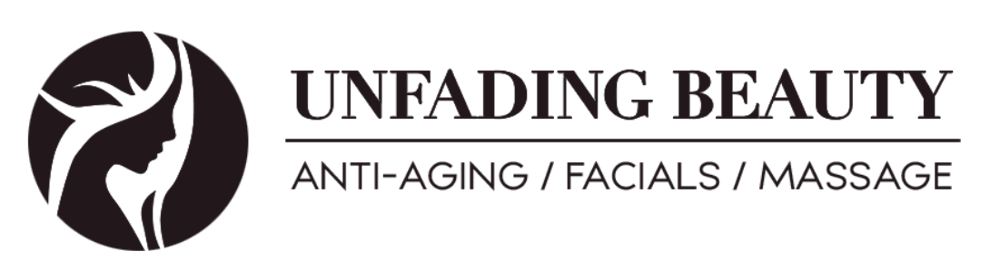Logo "UNFADING BEAUTY" mit horizontaler Linie darunter und dem Text "ANTI-AGING / FACIALS / MASSAGE".