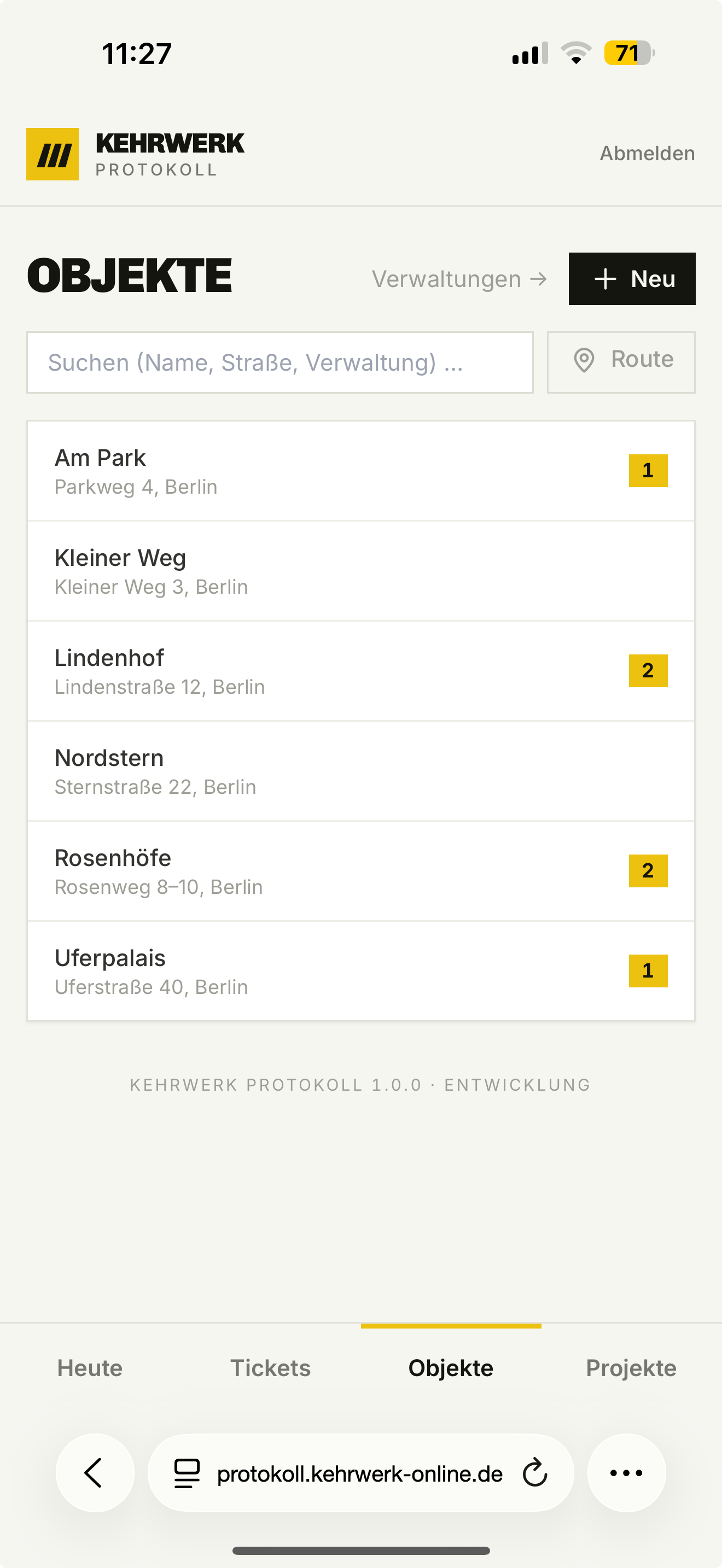 Kehrwerk Protokoll — Objekte