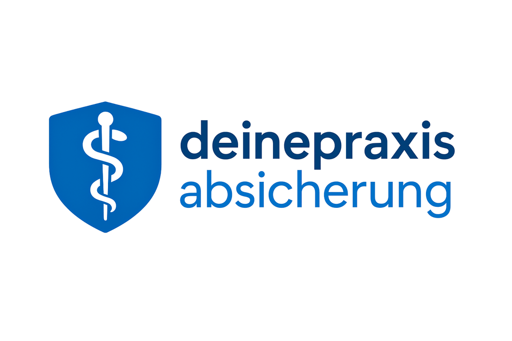 Blaues Logo mit Schild, Äskulapstab und Text "deinepraxis absicherung" in zwei Zeilen.