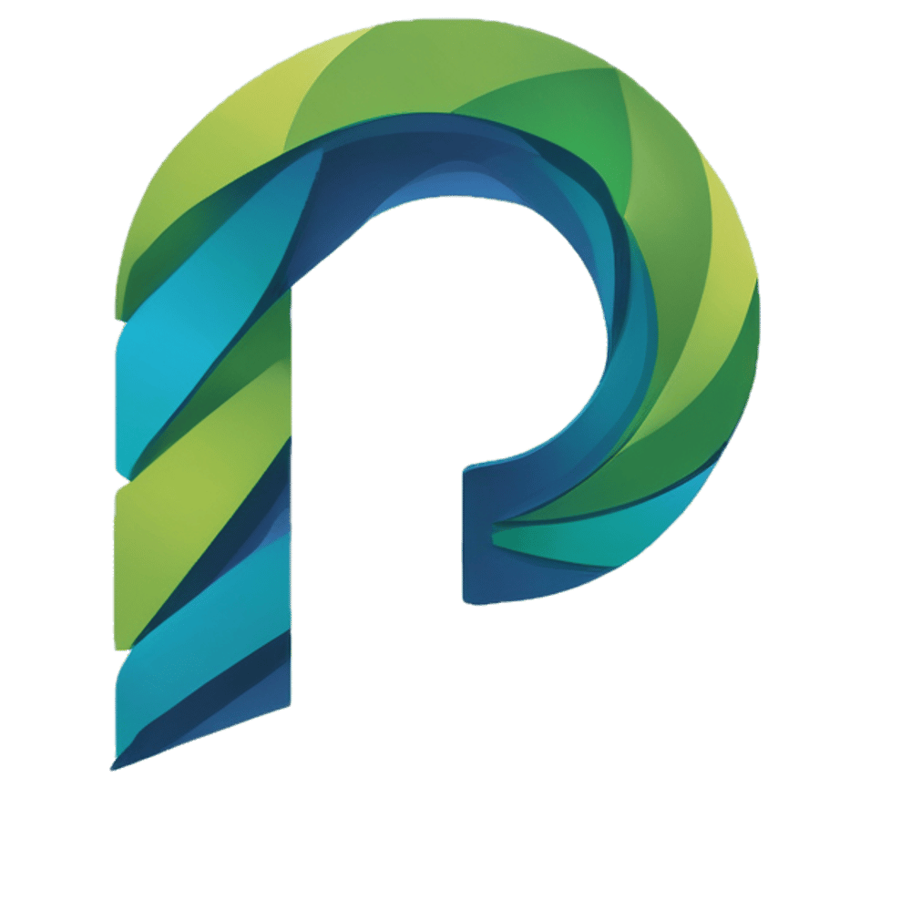 Stilisiertes grünes und blaues "P"-Logo mit schattierten, geschwungenen Formen, die einen 3D-Effekt erzeugen.