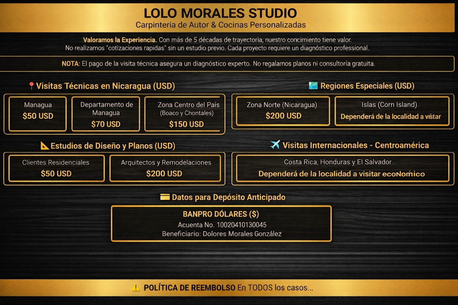 Tabla de tarifas de diseño y planificación de Lolo Morales Studio