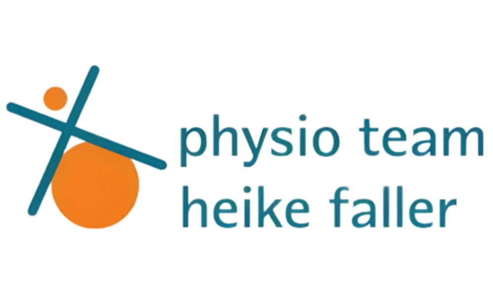 Logo: Zwei orangefarbene Kreise, gekreuzte blaue Linien, Text "physio team heike faller".