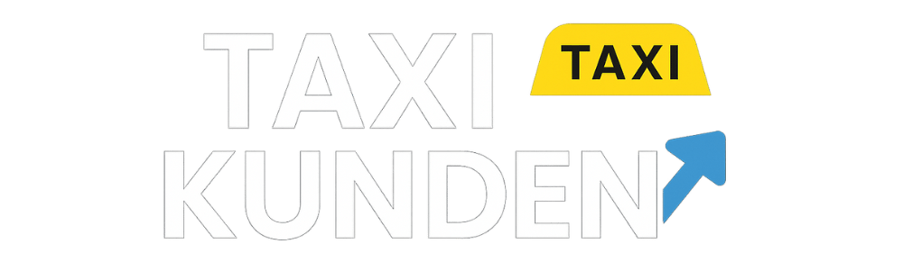 Der Text "TAXI KUNDEN" mit einem gelben Taxi-Schild und einem blauen Pfeil nach oben.