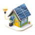 Grünes Haus mit Solarpaneelen auf dem Dach und einem großen Solarmodul, das über ein Kabel mit einer Glühbirne verbunden ist.