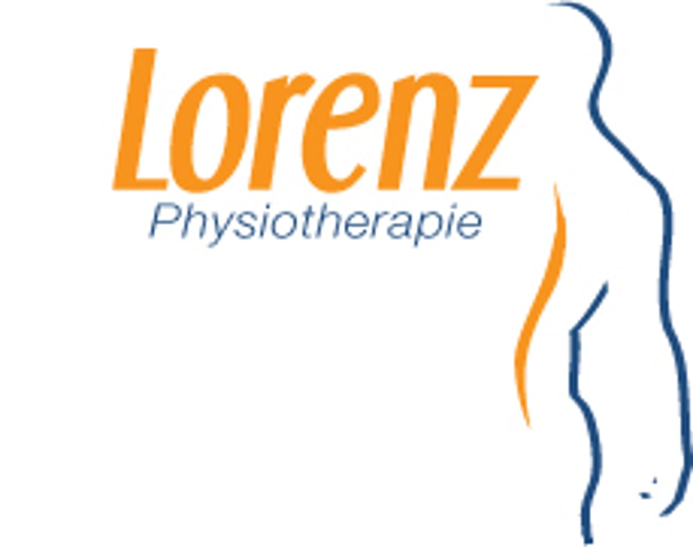 Lorenz Physiotherapie Logo mit orangefarbenem Text und blauer, stilisierter menschlicher Silhouette.