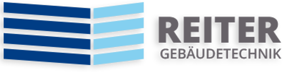Logo von REITER Gebäudetechnik mit blauen Balken-Symbolen auf schwarzem Hintergrund.