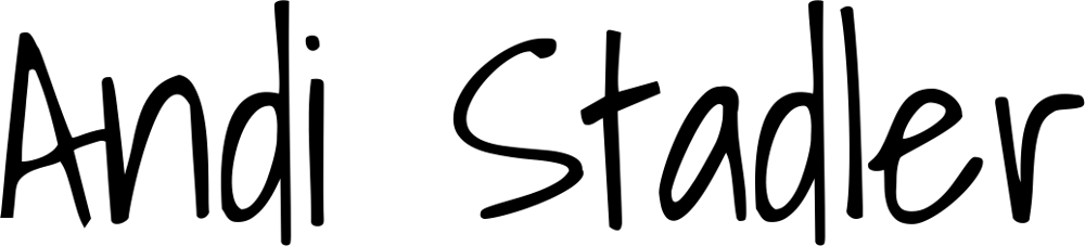 Schwarzer Text auf grünem Hintergrund, "Andi Stadler" in handschriftlicher Schrift.